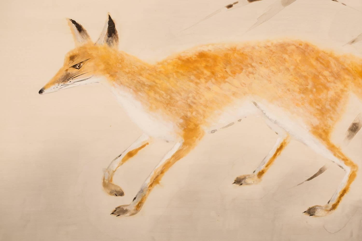 Japanese Two-Panel Screen, Red Fox and Thistle with Wild Grass In a winter landscape, by Kimoto Taika (1901-2001), signed and sealed, mineral pigments on mulberry paper.
