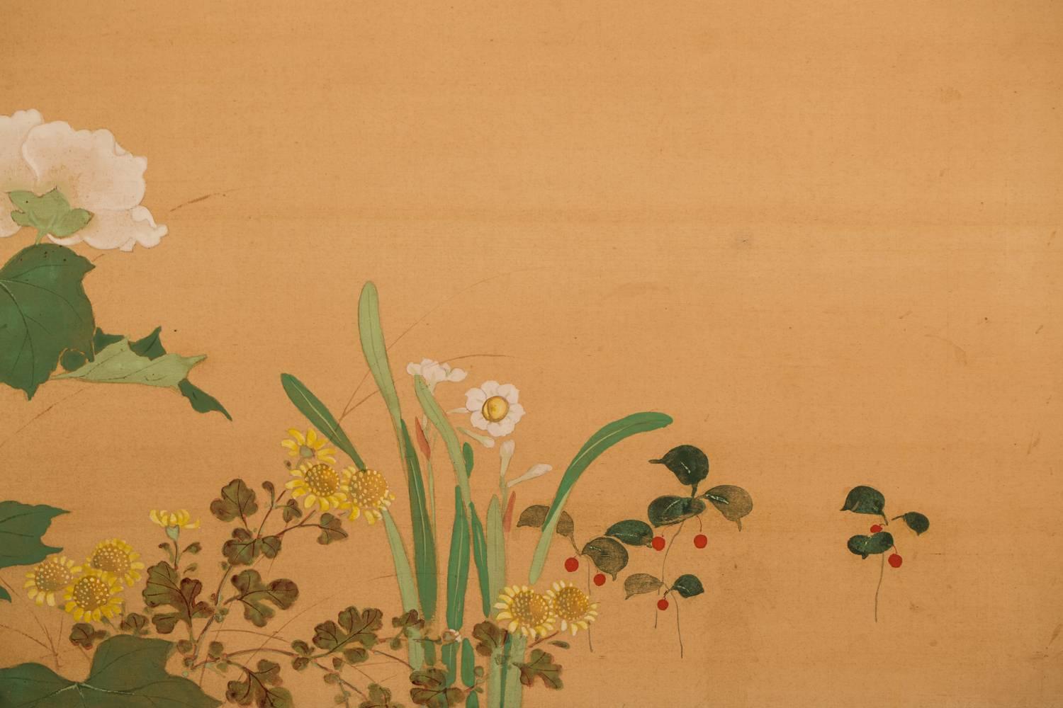 Japanese Two-Panel Screen, Summer Flowers on Silk For Sale 4