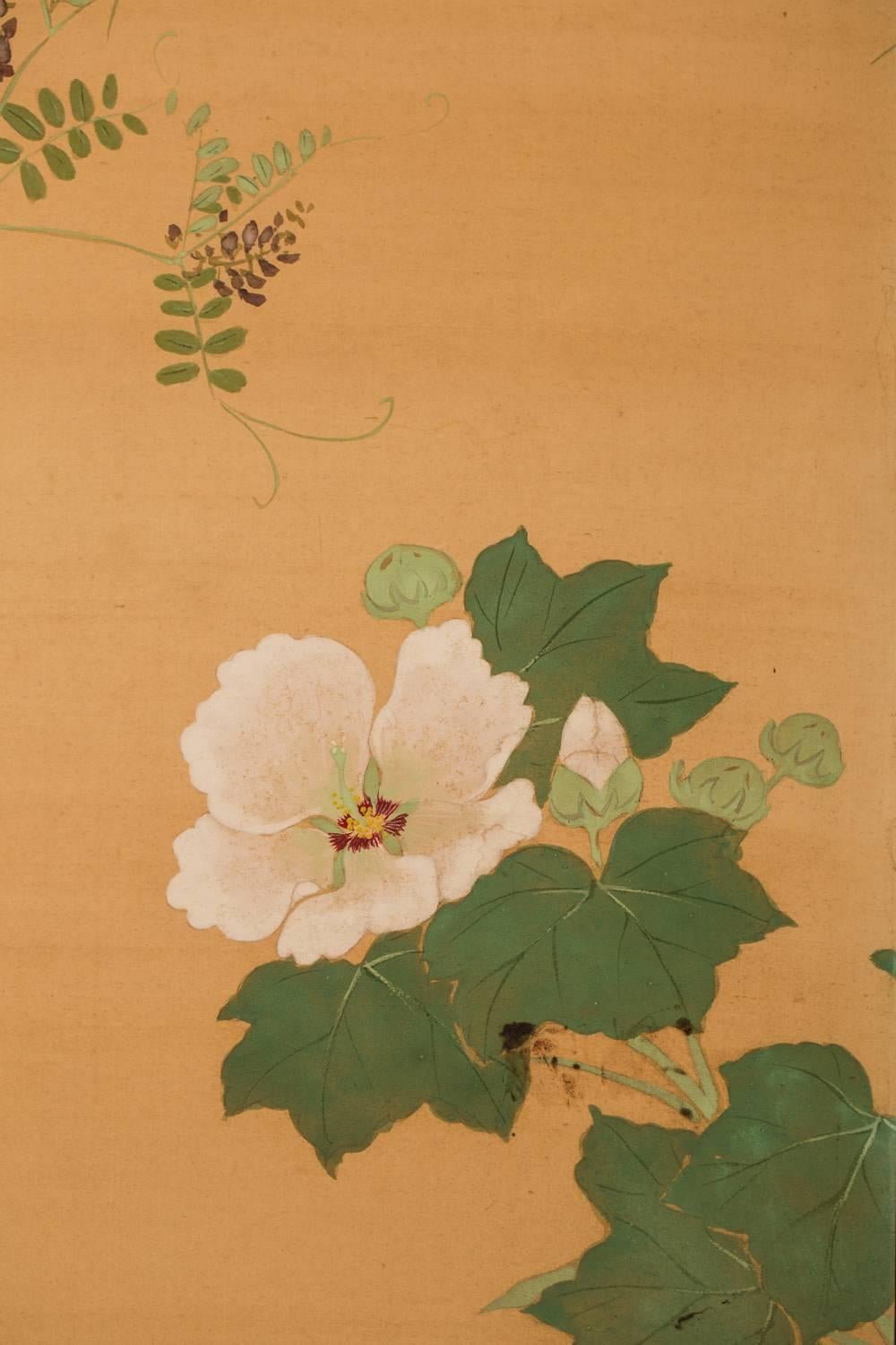 Japanese Two-Panel Screen, Summer Flowers on Silk For Sale 3