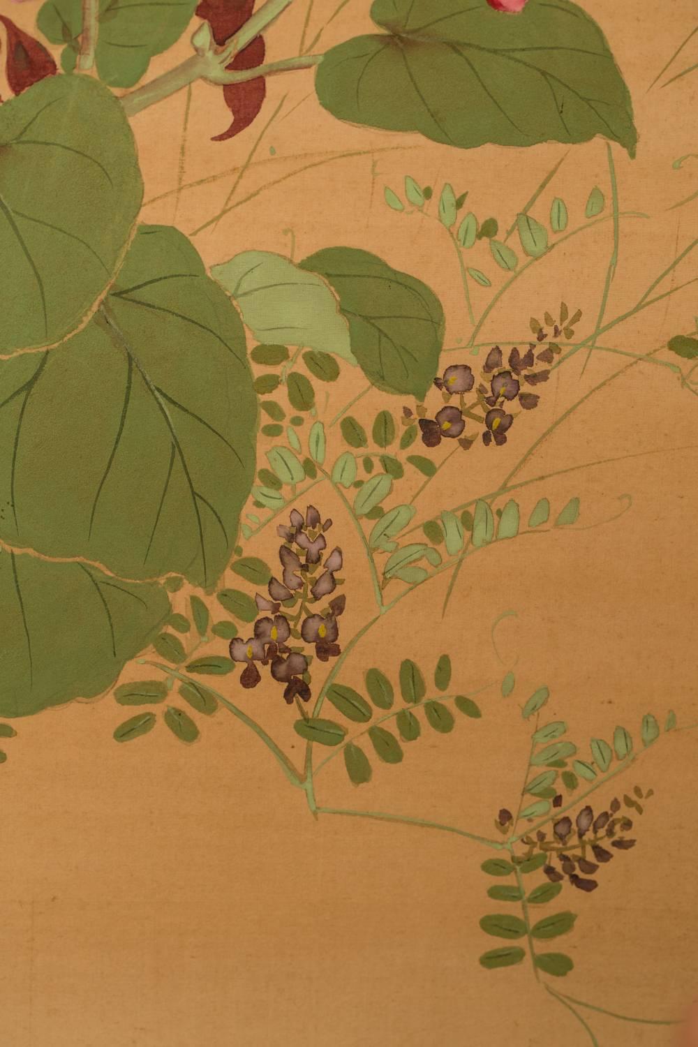 19th Century Japanese Two-Panel Screen, Summer Flowers on Silk For Sale