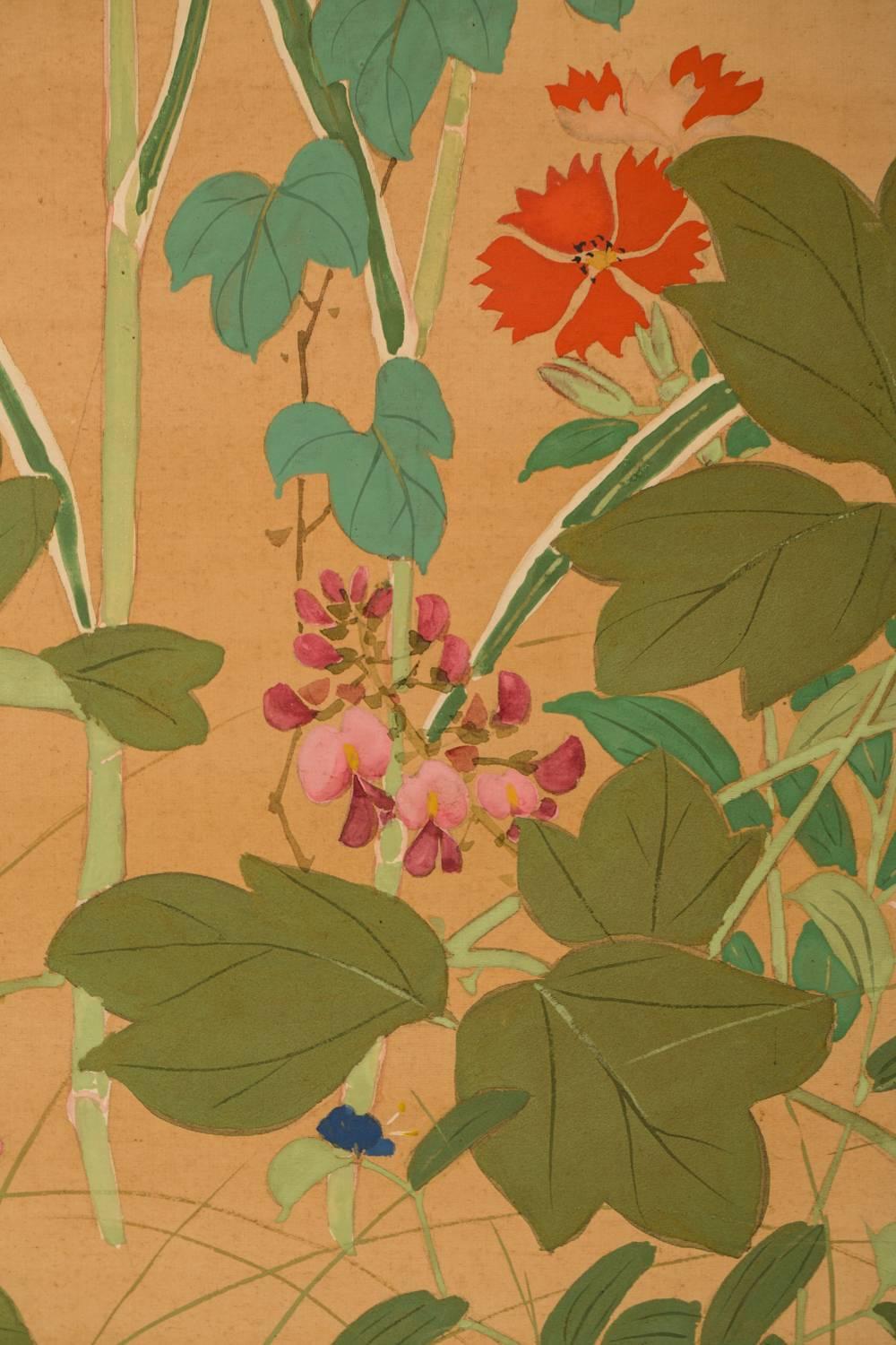Japanese Two-Panel Screen, Summer Flowers on Silk In Good Condition For Sale In Hudson, NY