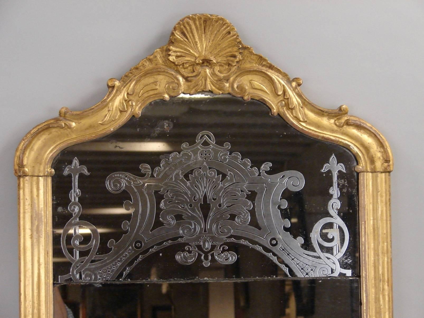 Napoleon III French Giltwood Mirror with Engraved Upper Section