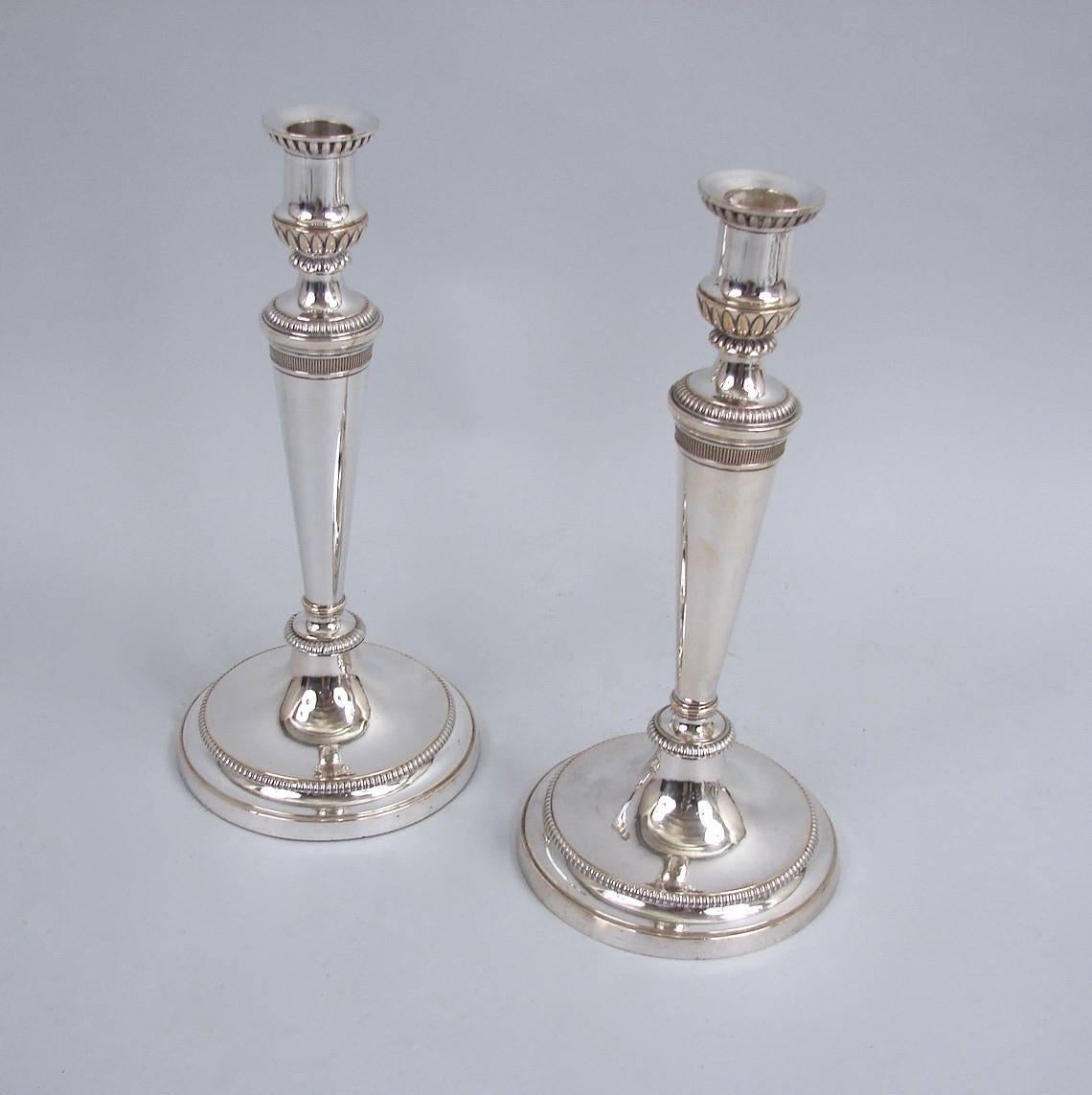 Neoclassical Pair of English Silver Plate Three-Light Convertible Columnar Candelabra