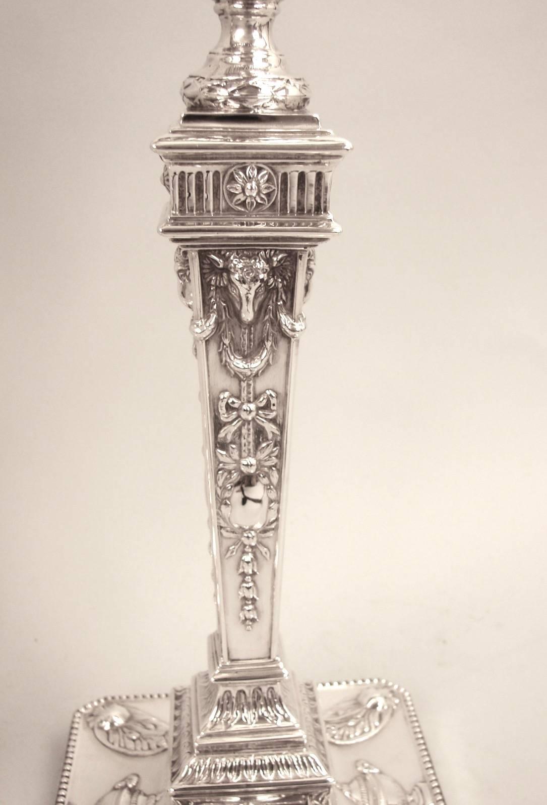 Neoclassical Revival English Neoclassical Style Sterling Silver Candlesticks, London, 1882