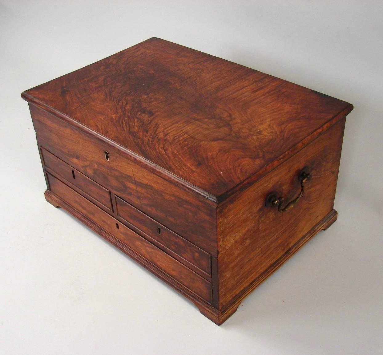 A beautifully crafted Anglo-Indian hardwood chest, the interior fitted with compartments, the exterior with two short over one long drawer, all resting on small bracket feet, circa 1840-1860.