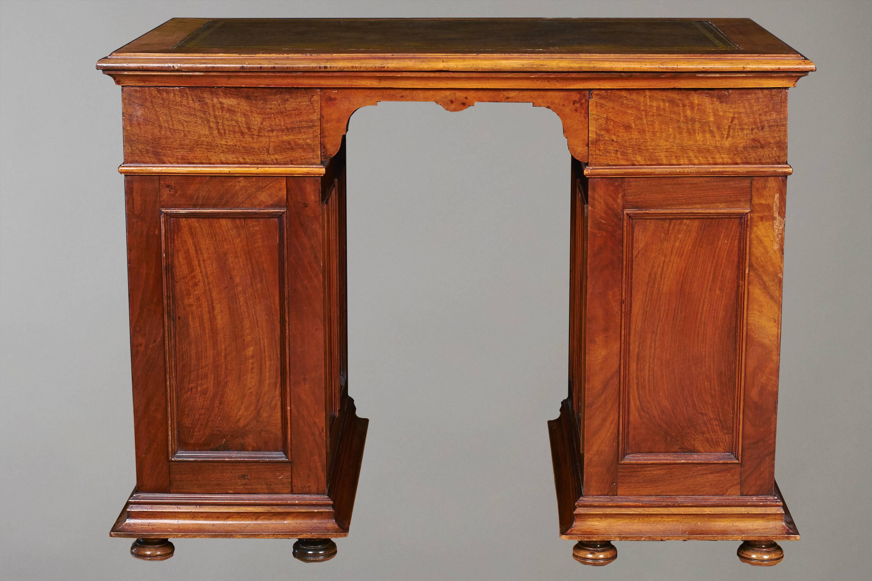 Victorian Unusual Small Walnut Pedestal Desk with Leather Top