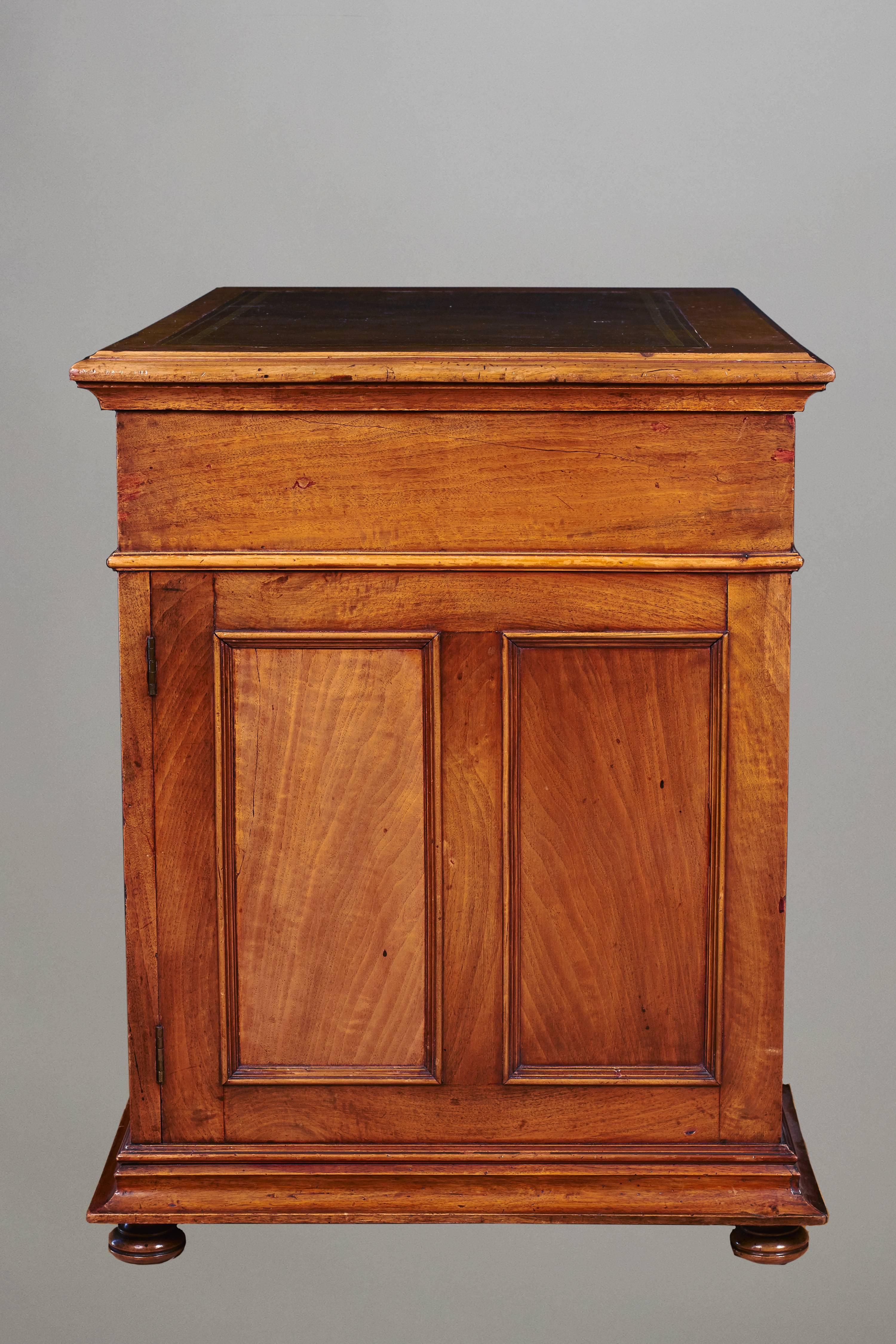 English Unusual Small Walnut Pedestal Desk with Leather Top