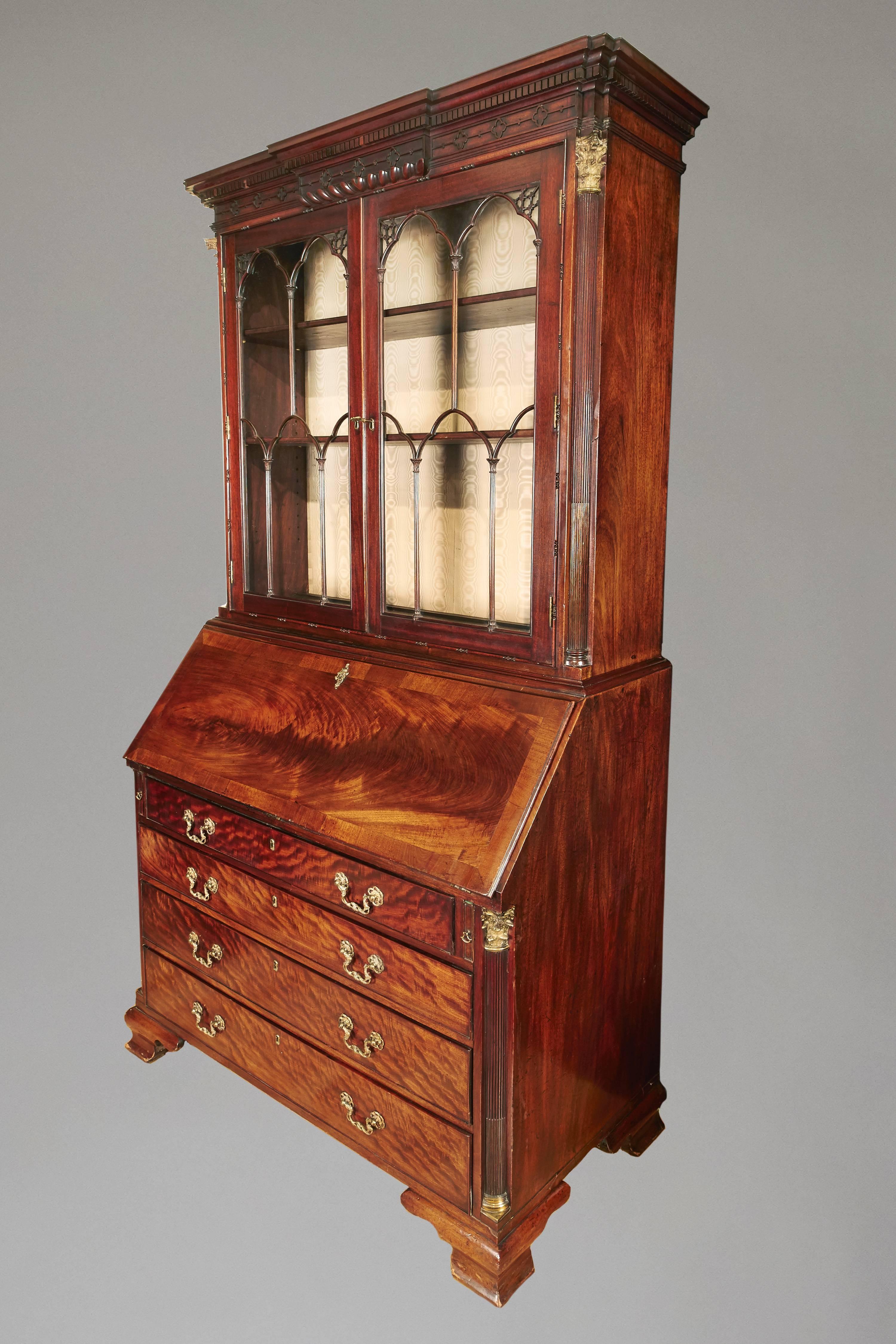 English Fine George III Mahogany Brass-Mounted Bureau Bookcase