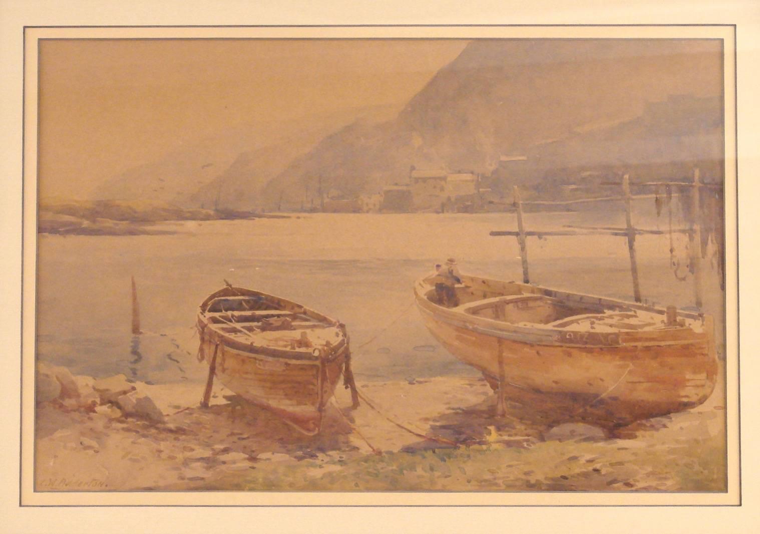 A very pleasing watercolor on paper by a well-listed British artist, Charles William Adderton, painted in a mellow brown palette, depicting small craft on shore in a mountain and lake setting. Framed and glazed. Circa 1900-1925.