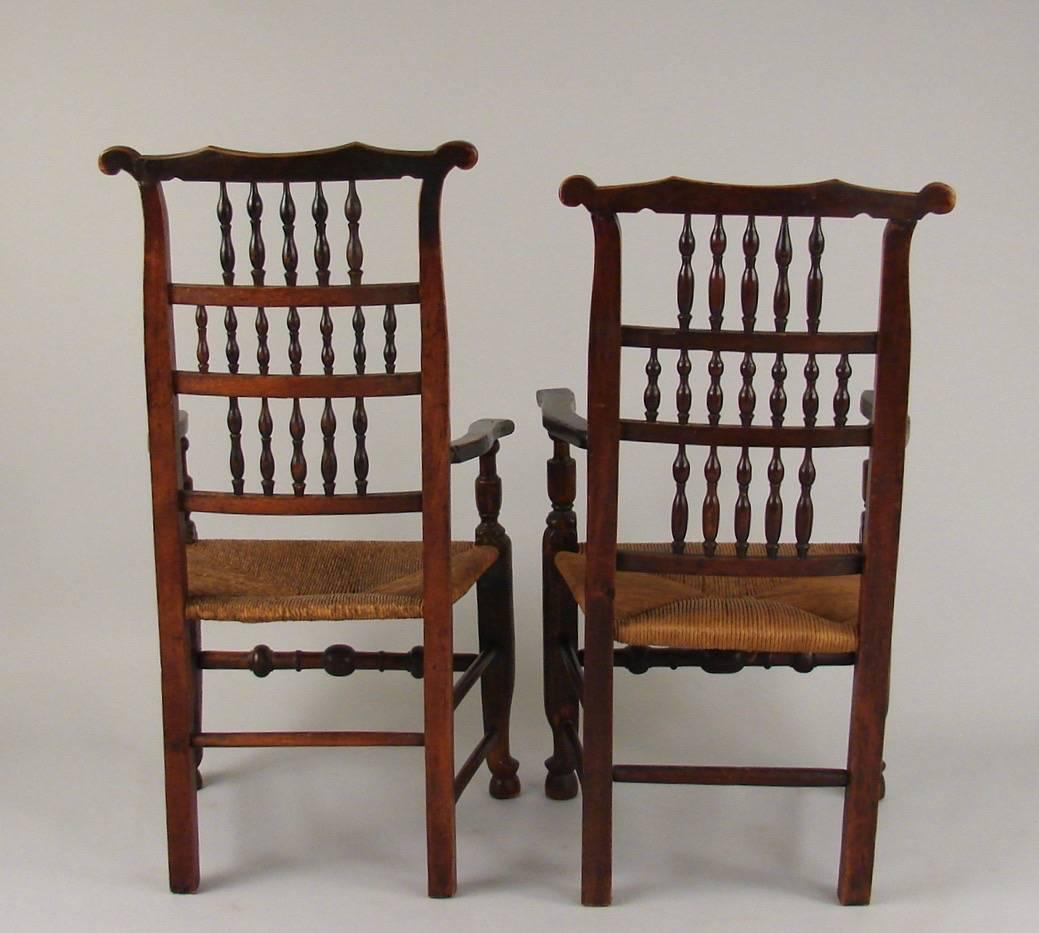 English Elm Provincial Spindle Back Chairs with Rush Seats, Set of 8 In Good Condition In San Francisco, CA