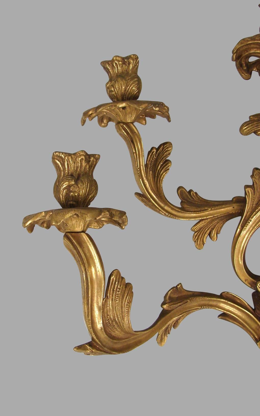 French Louis XV Style Brass Five-Light Sconces