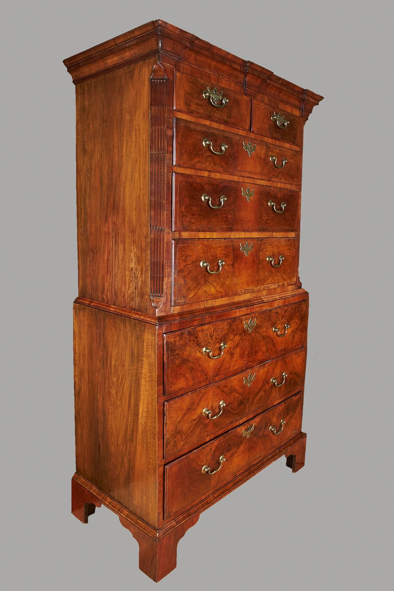 English George II Inlaid Walnut Chest-on-Chest with Secretaire