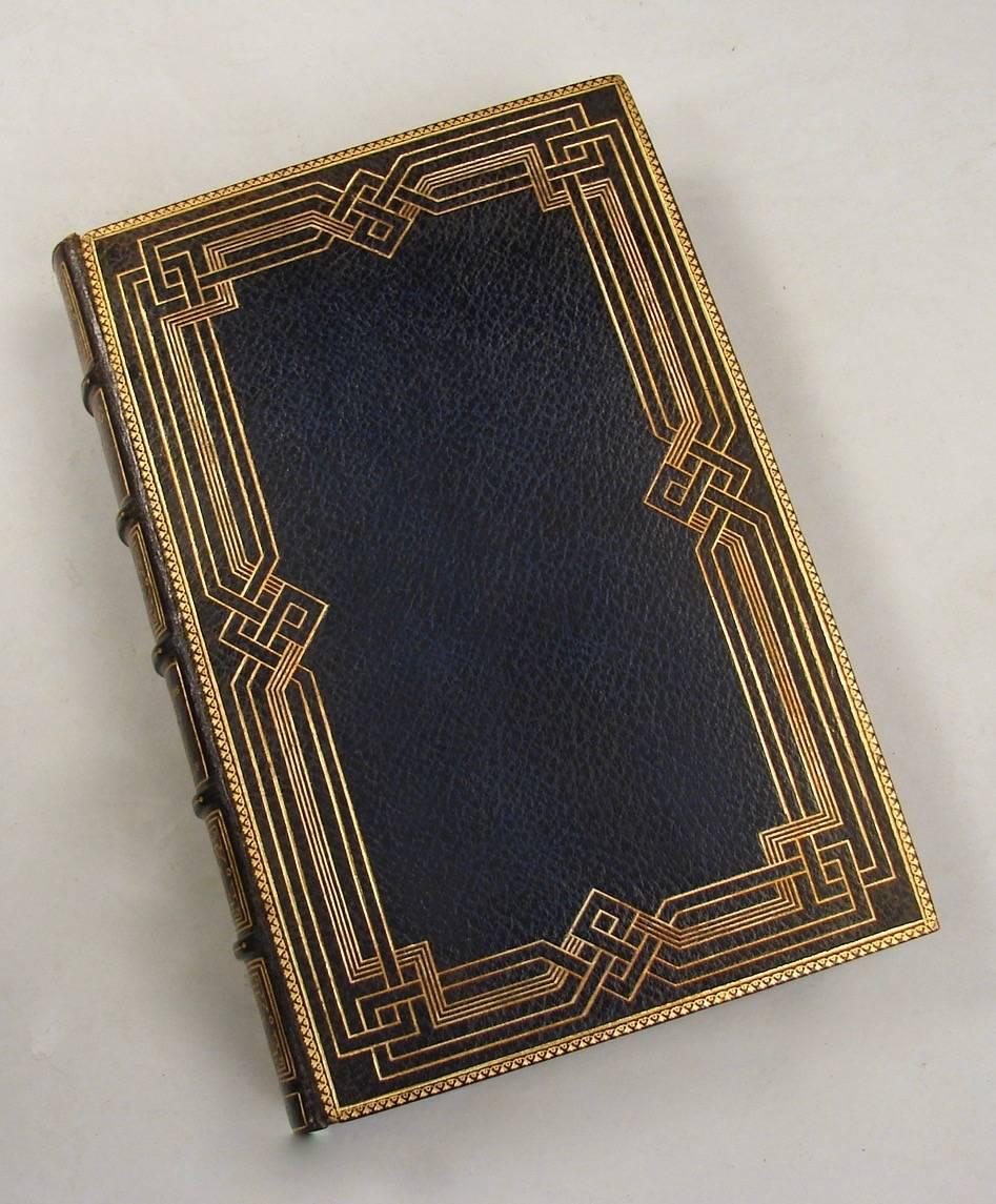5 volumes (of 6) Dramatic works of Moliere, published Edinburgh 1875 by William Paterson in full blue elaborately tooled crushed morocco leather, spines sun faded but this set is still very decorative. Bookplates.