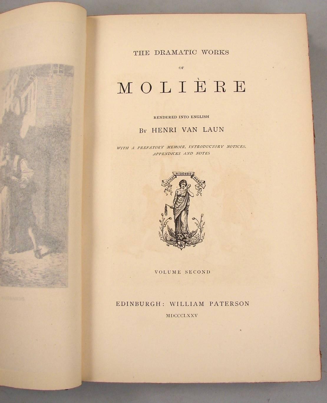 Moliere's Works in Five Volumes in Blue Leather with Gilt Tooled Spine In Excellent Condition In San Francisco, CA