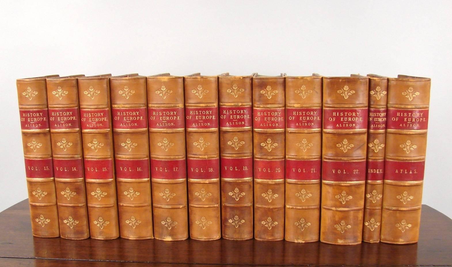 A fine and complete set of 24 volumes, History of Europe by Archibald Alison, a famous historian of the times, nicely bound in caramel colored leather with red leather labels on spines, interior with marbleized paper. This set includes the hard to