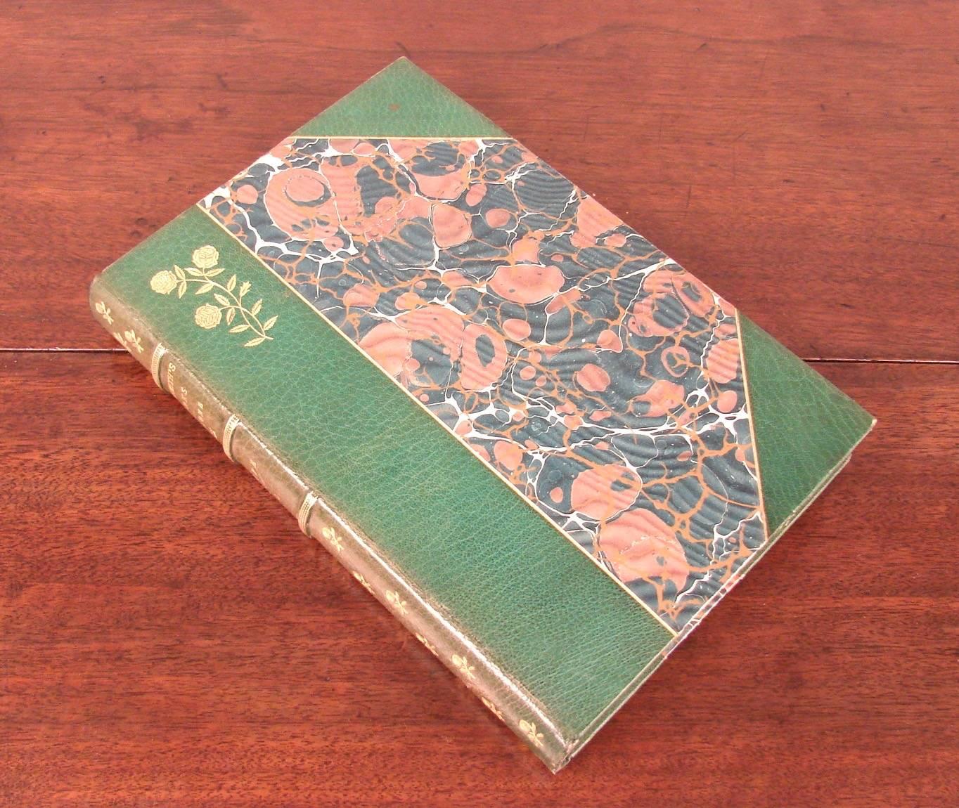 A fine limited edition (#169 of 500) beautifully bound 12 volume set, The Works of Oliver Goldsmith, Wakefield Edition, published by Harper and Brothers, N.Y. in 3/4 green crushed Moroccan leather with marbleized boards and raised bands with gilt