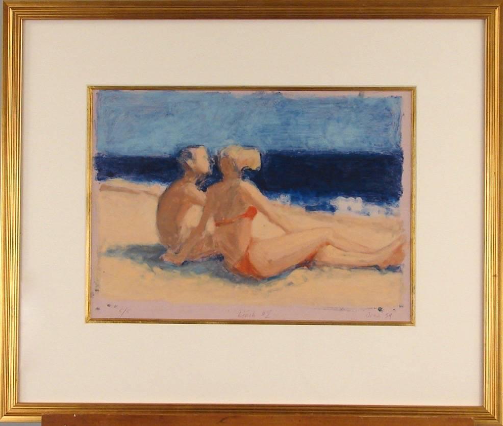 An amusing pair of framed color lithographs an edition of fives by Stan Washburn (American b. 1943) depicting beach scenes. Titled "Beach 1" and "Beach 2". Custom framed and glazed with acid free mats and gold filets. Beach #1 is