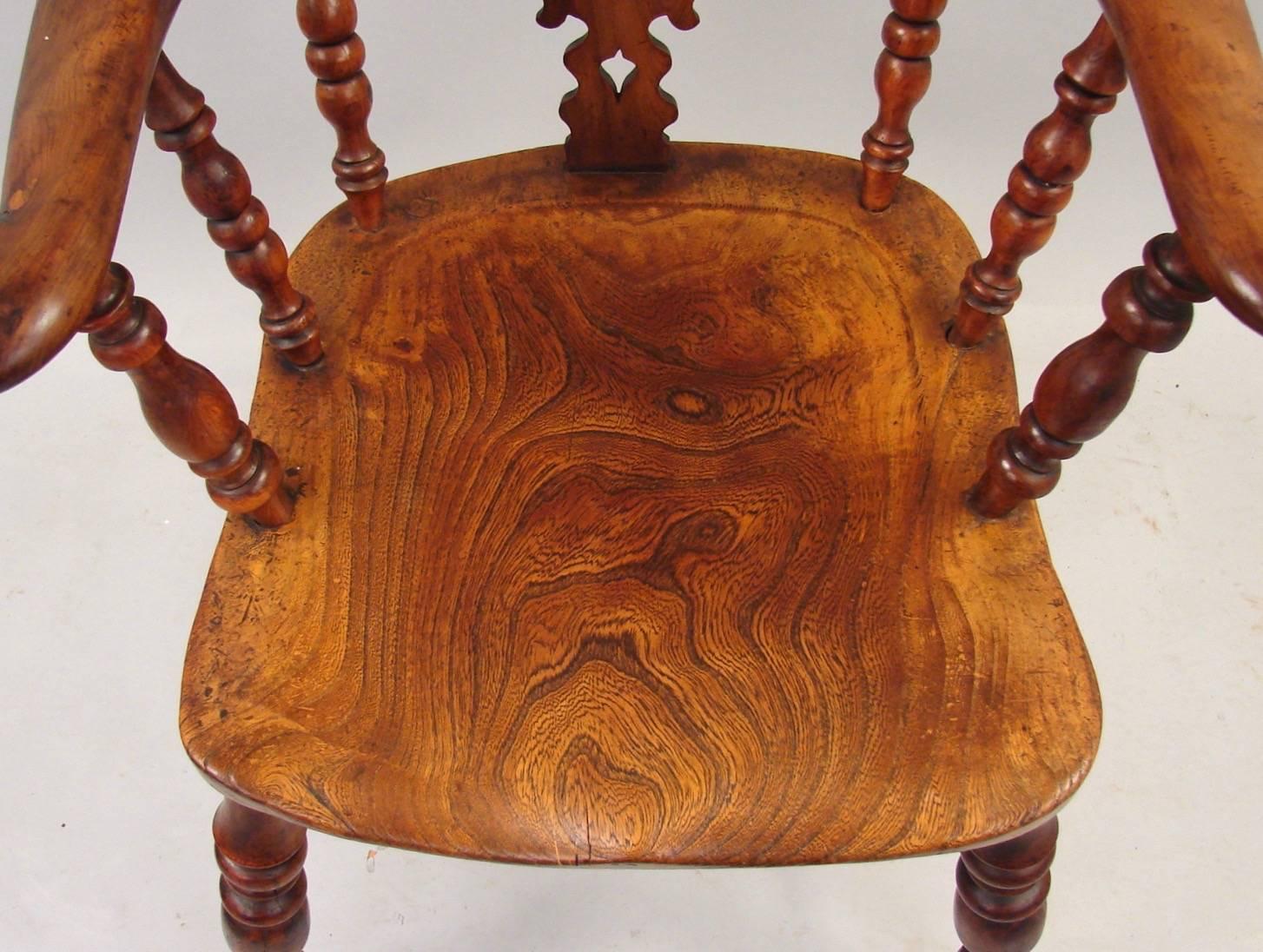 English Yew Wood Broad Arm High Back Windsor Chair