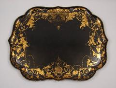 English Victorian Scalloped Edge Gilt and Papier Mache Tray on Stand