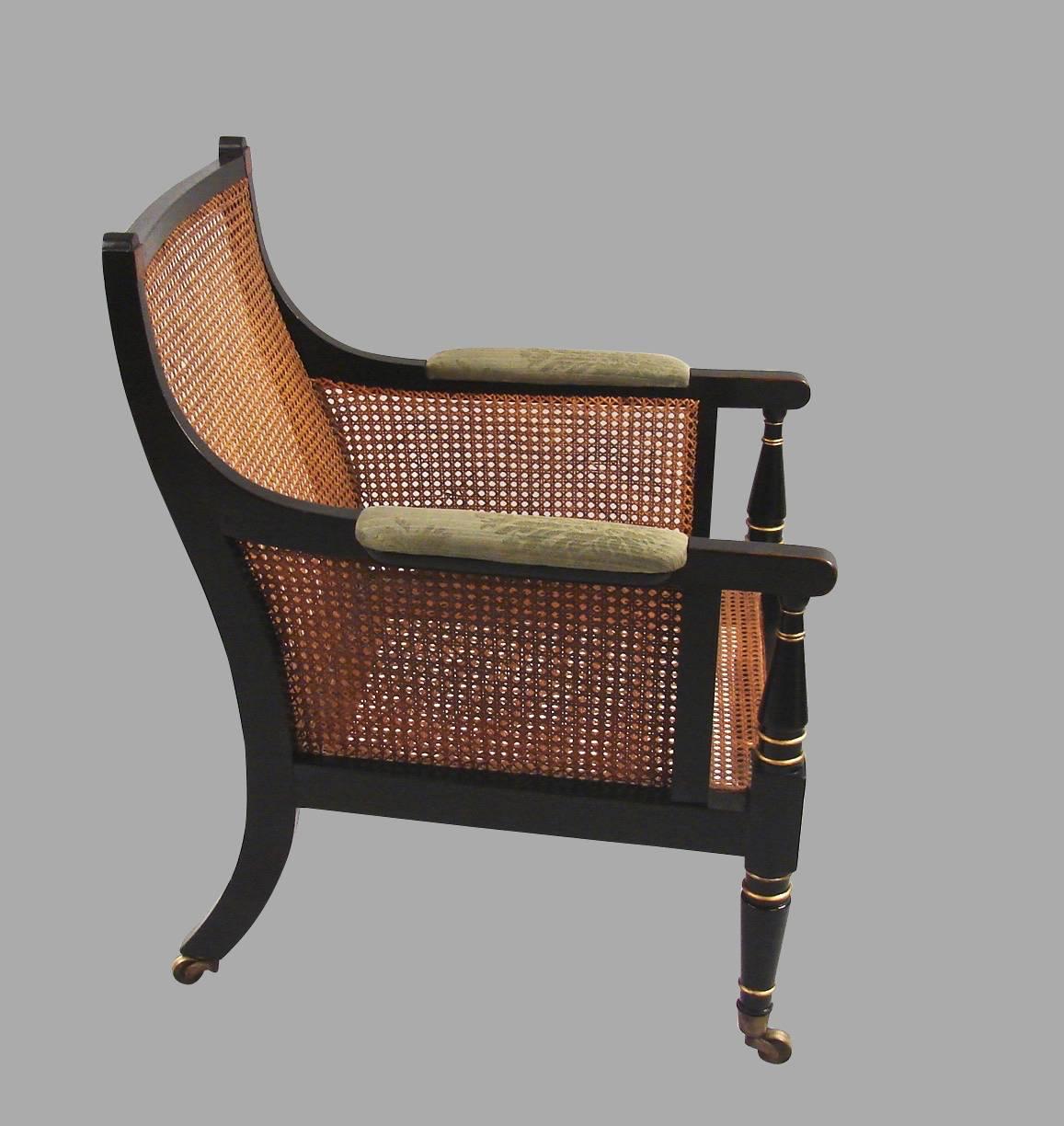 Regency Black and Gold Rosewood and Brass Inlaid Bergeres In Excellent Condition In San Francisco, CA