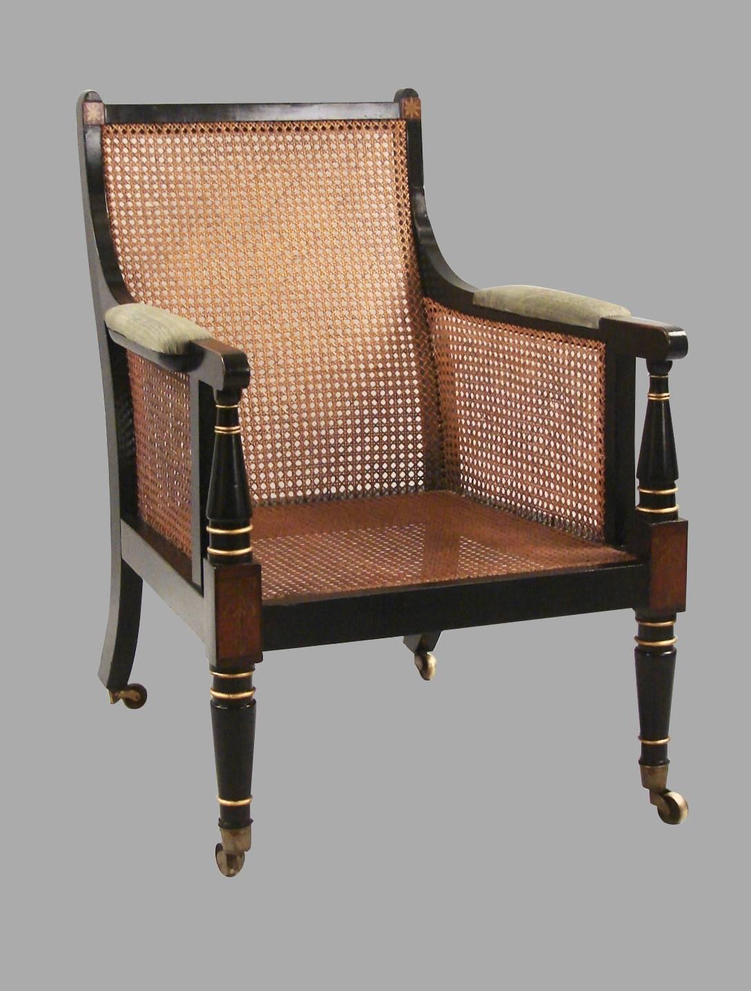 English Regency Black and Gold Rosewood and Brass Inlaid Bergeres