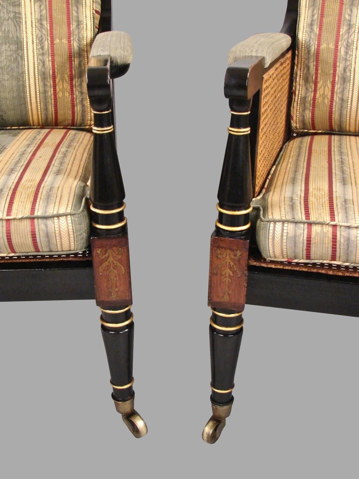 Regency Black and Gold Rosewood and Brass Inlaid Bergeres 1