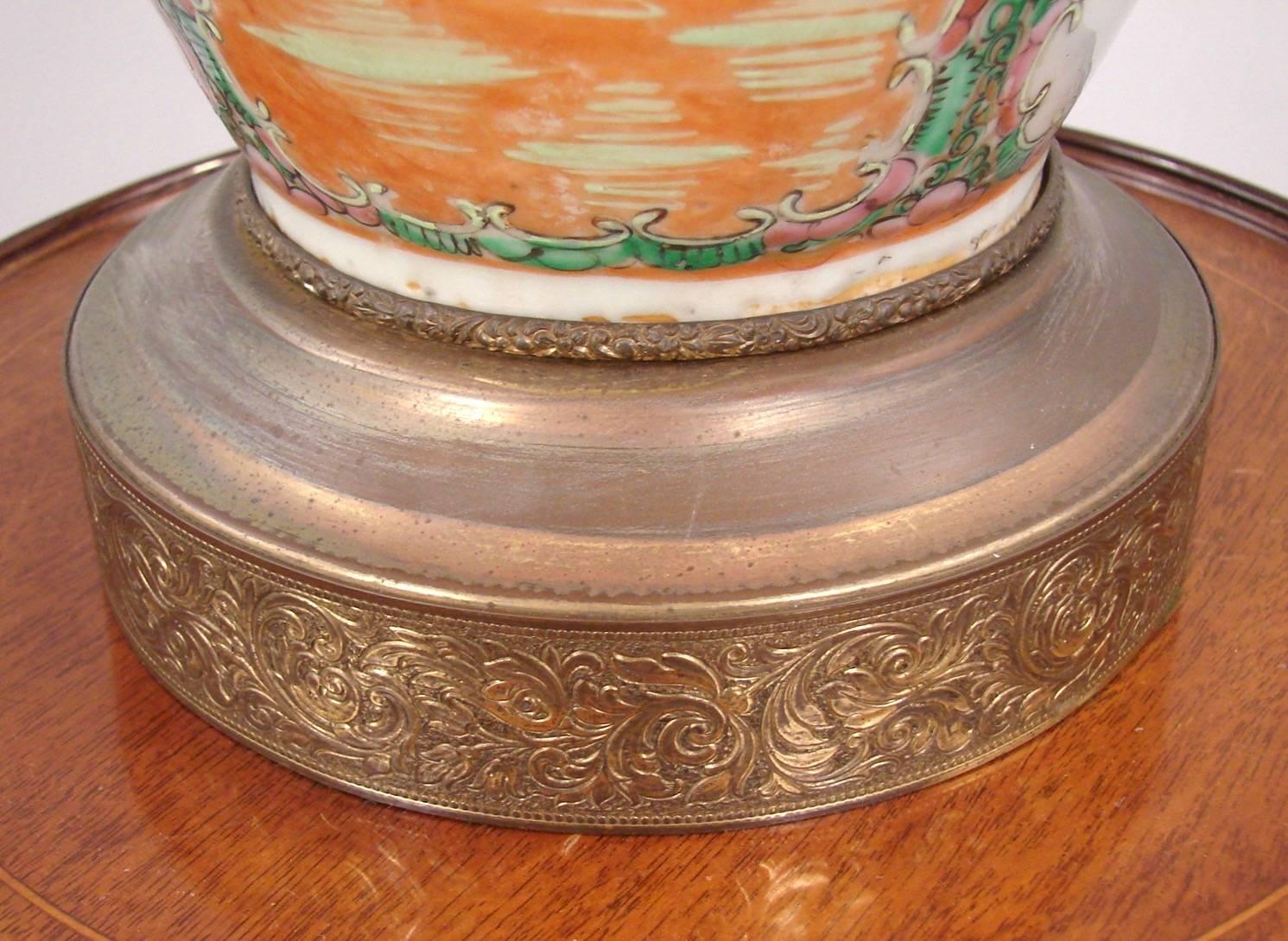 Chinese Export Rose Medallion Vase Mounted on Engraved Brass Base 1