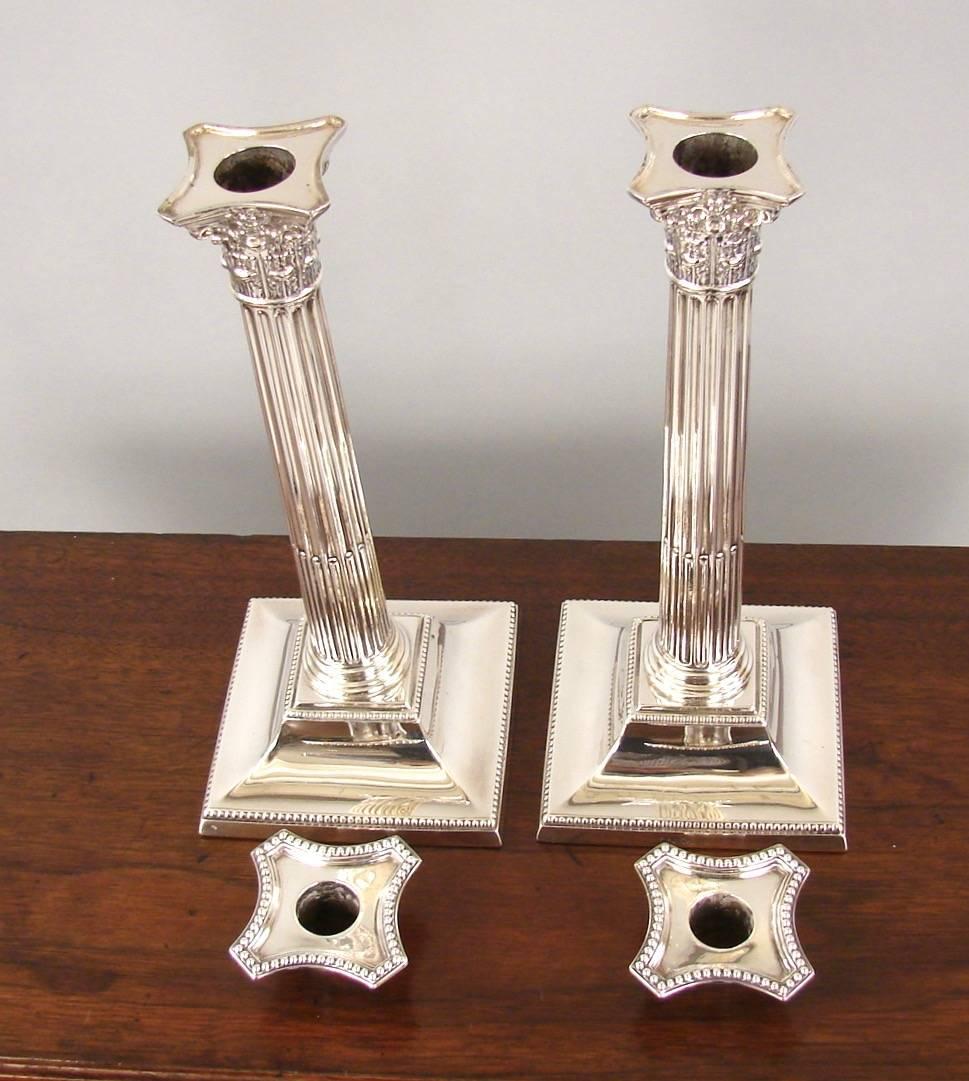 Pair of English Victorian Sterling Silver Columnar Candlesticks 1