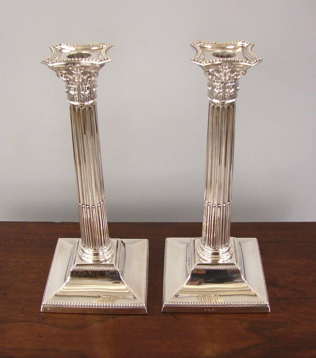 Pair of English Victorian Sterling Silver Columnar Candlesticks 2