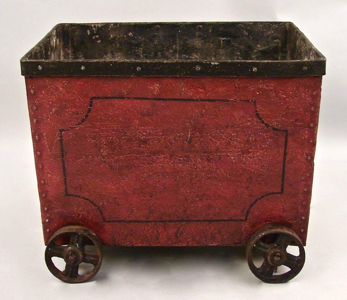 Early Victorian Unique English Rustic Red and Black Painted Metal Log Bin