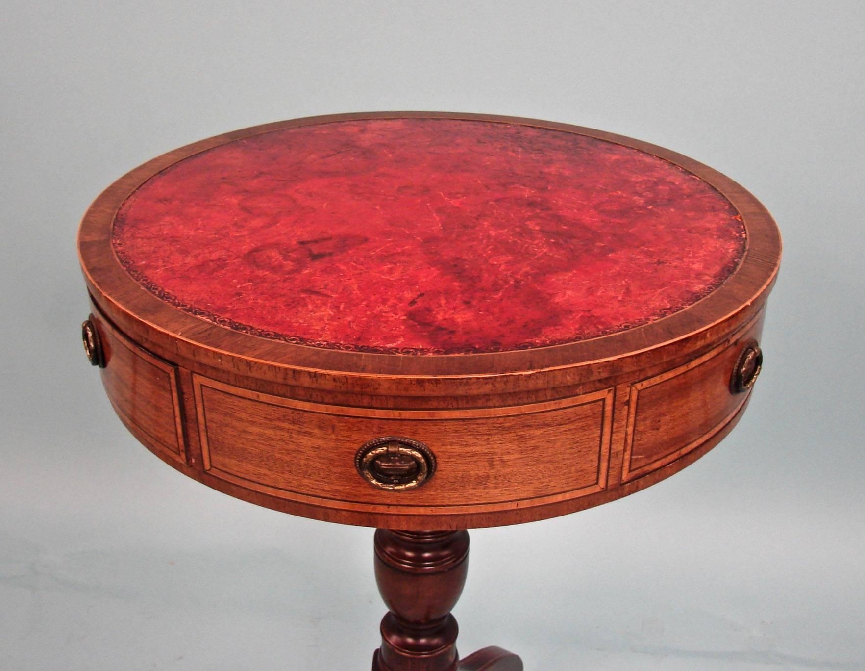 Regency Style Inlaid Mahogany Small Drum Table with Tooled Red Leather Top 1