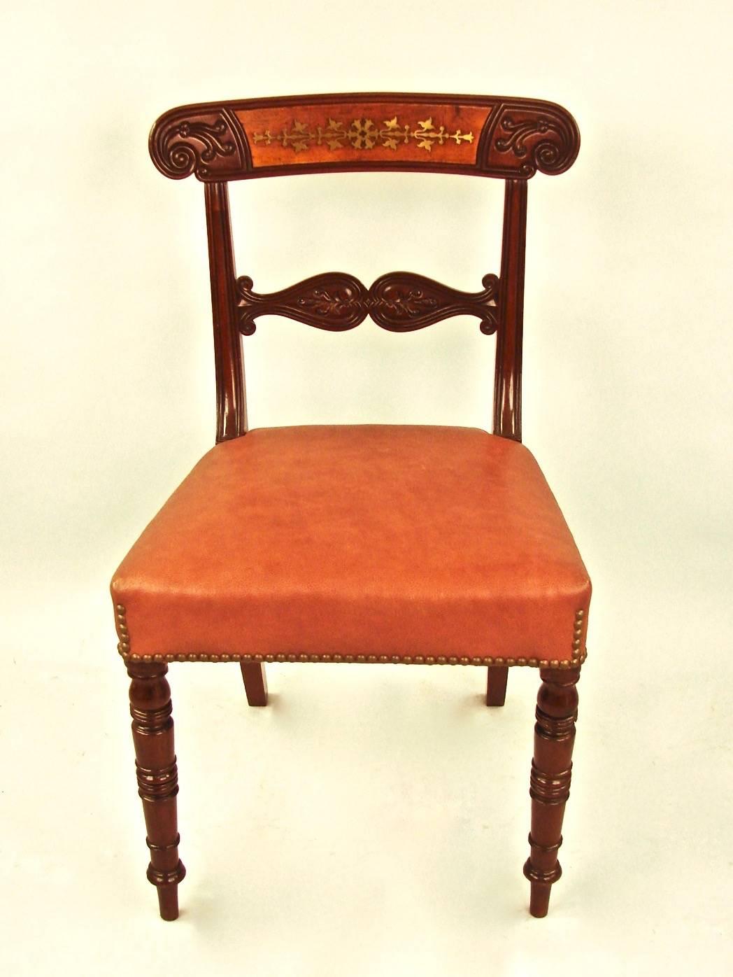 English  Set of Eight Regency Mahogany Brass Inlaid Leather Upholstered Dining Chairs 