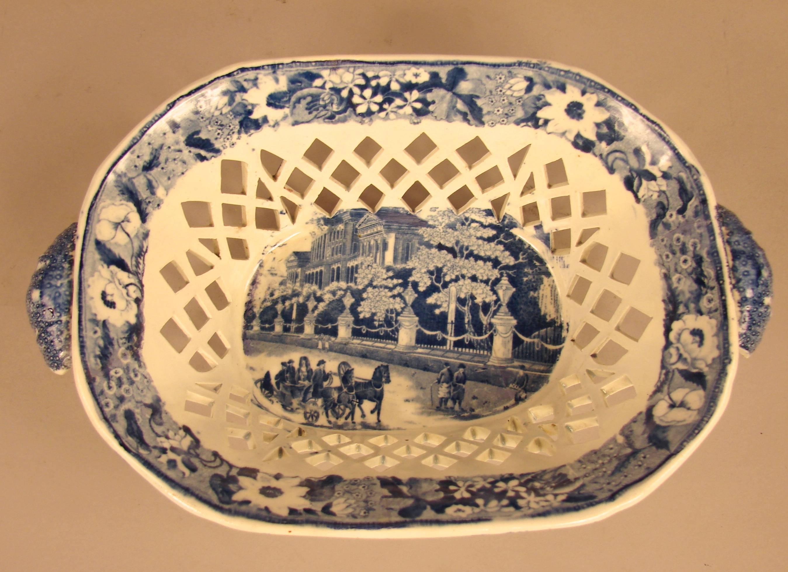 English Staffordshire blue transferware reticulated basket with matching under plate, circa 1840.