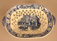 Staffordshire Victorian Blue Transferware Reticulated Bowl and Under Plate