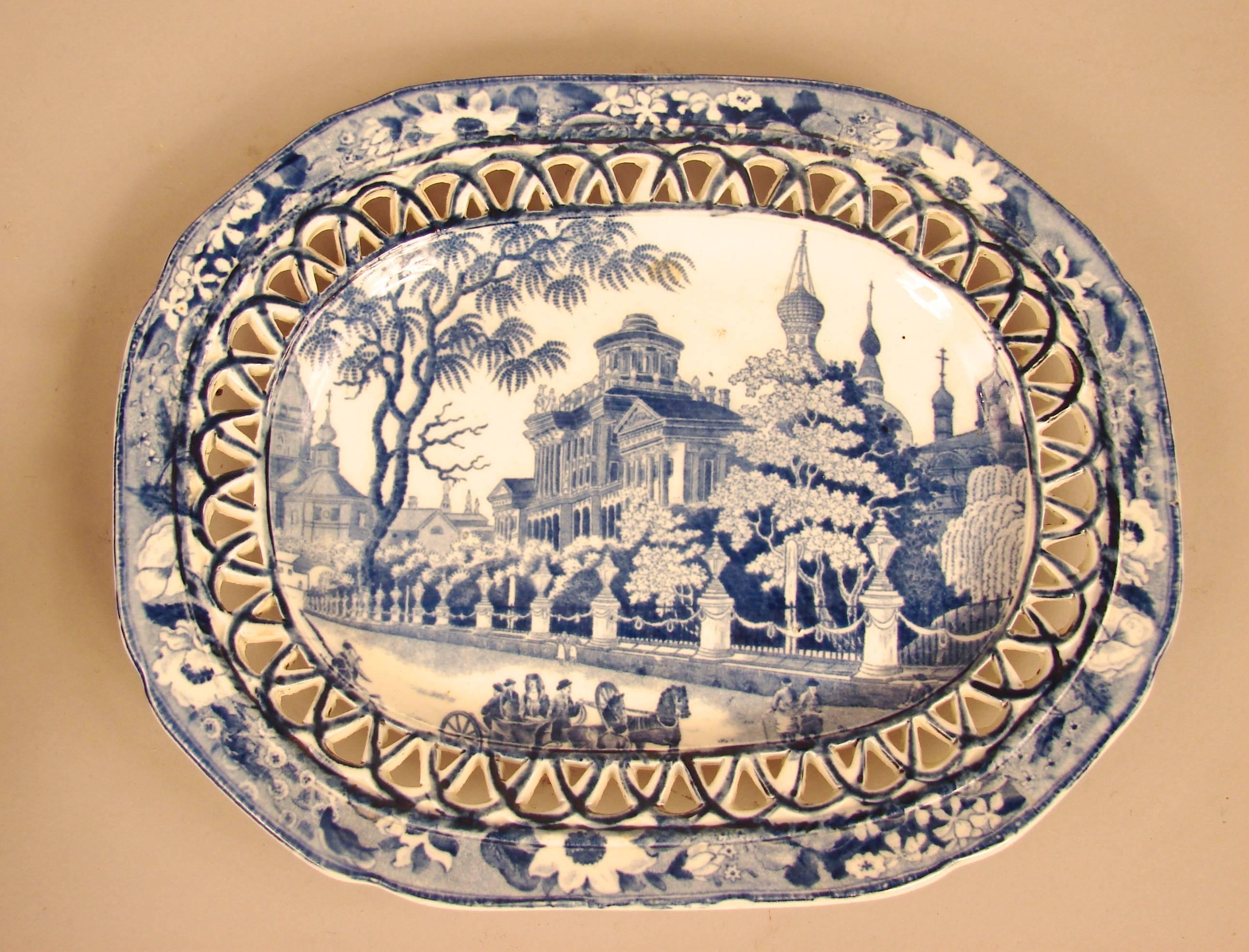 Great Britain (UK) Staffordshire Victorian Blue Transferware Reticulated Bowl and Under Plate