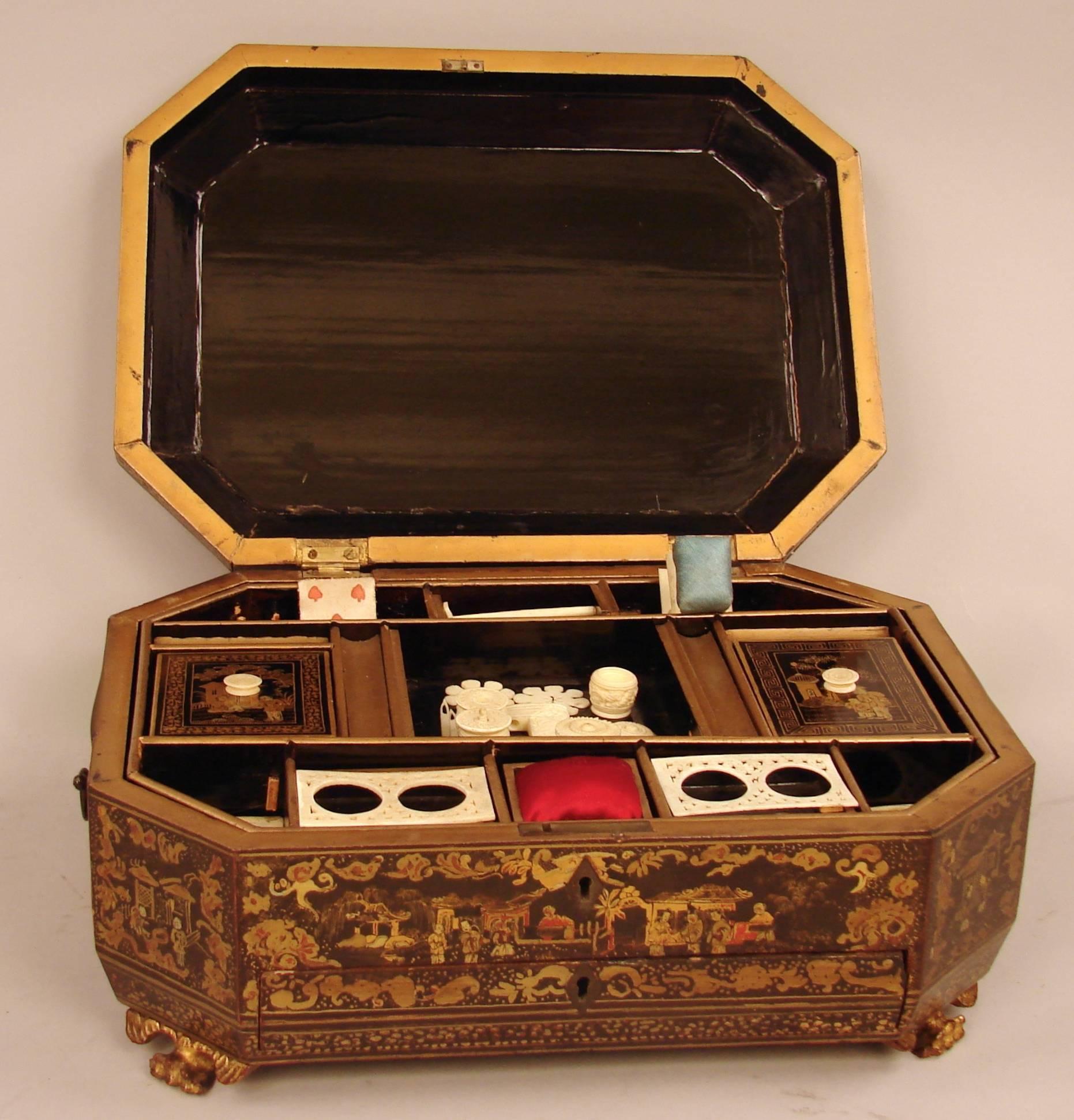 Mid-19th Century Chinese Export Sewing Box with Sewing Implements
