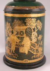 Pair of Dark Green Gilt Decorated Chinese Tea Canister Lamps