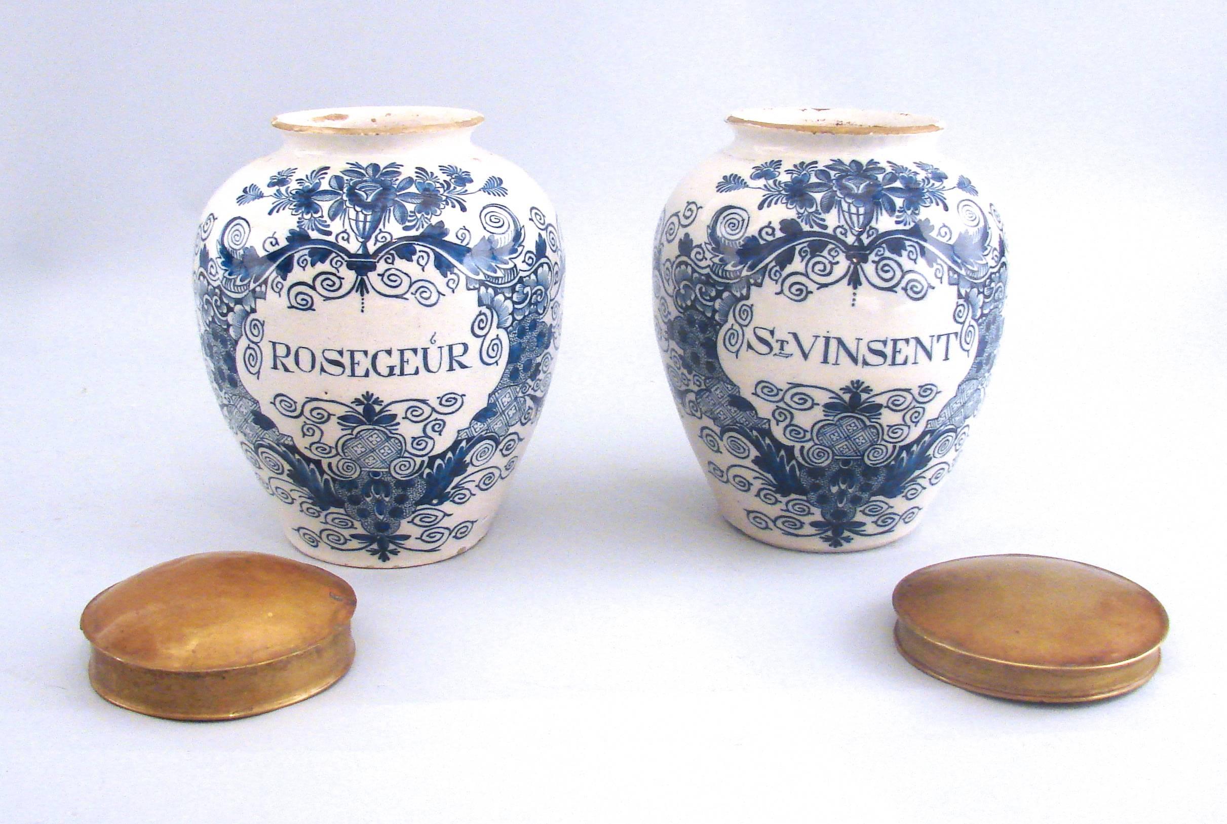Dutch Pair of Antique Delft Blue and White Tobacco Jars with Lids