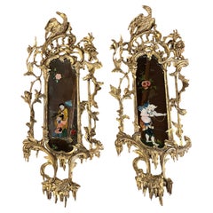 Pair of Chinese Chippendale Style Girandoles with Reverse Painted Decoration