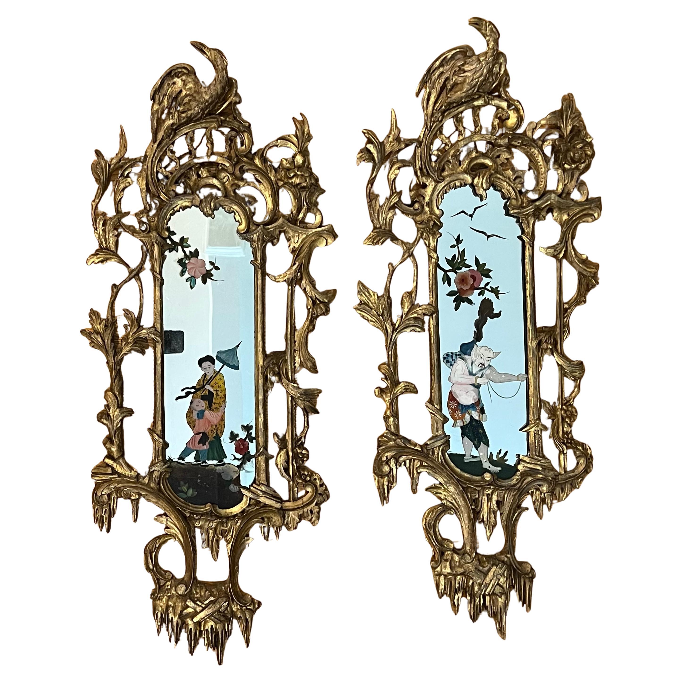 A Pair of Chinese Chippendale Style Girandoles with Reverse Painted Decoration For Sale