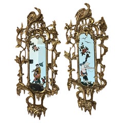 A Pair of Chinese Chippendale Style Girandoles with Reverse Painted Decoration