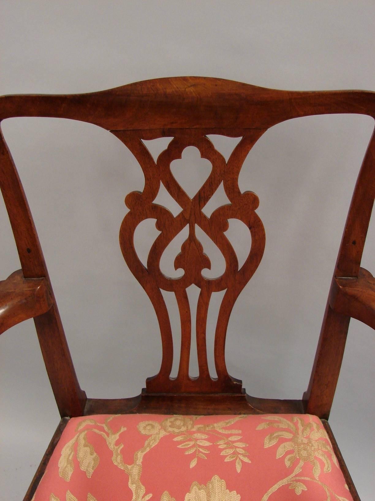 Chippendale George III Mahogany Armchair with Damask Upholstered Seat