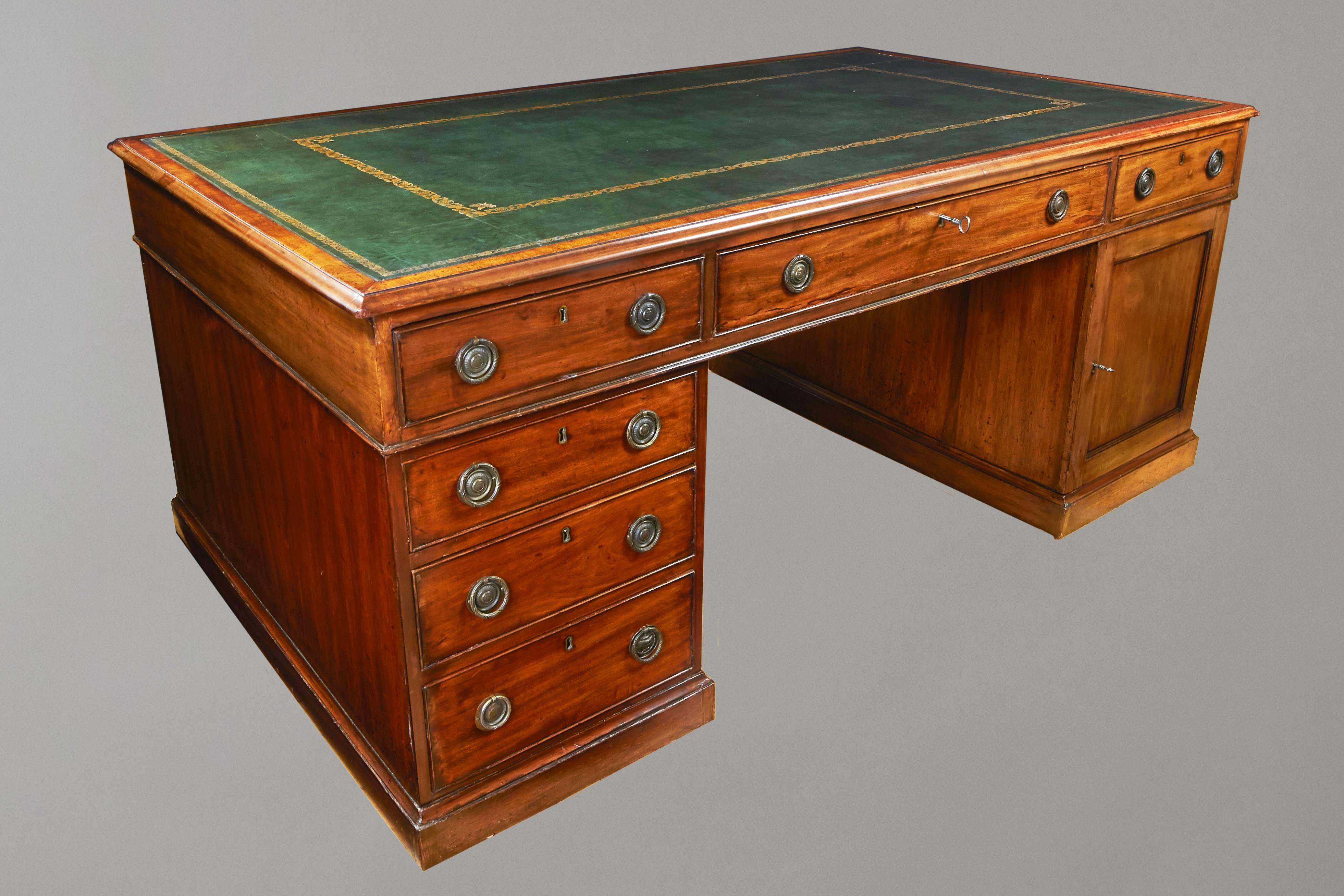 George III Georgian Style Mahogany Partners Desk with Green Gilt-Tooled Leather Top