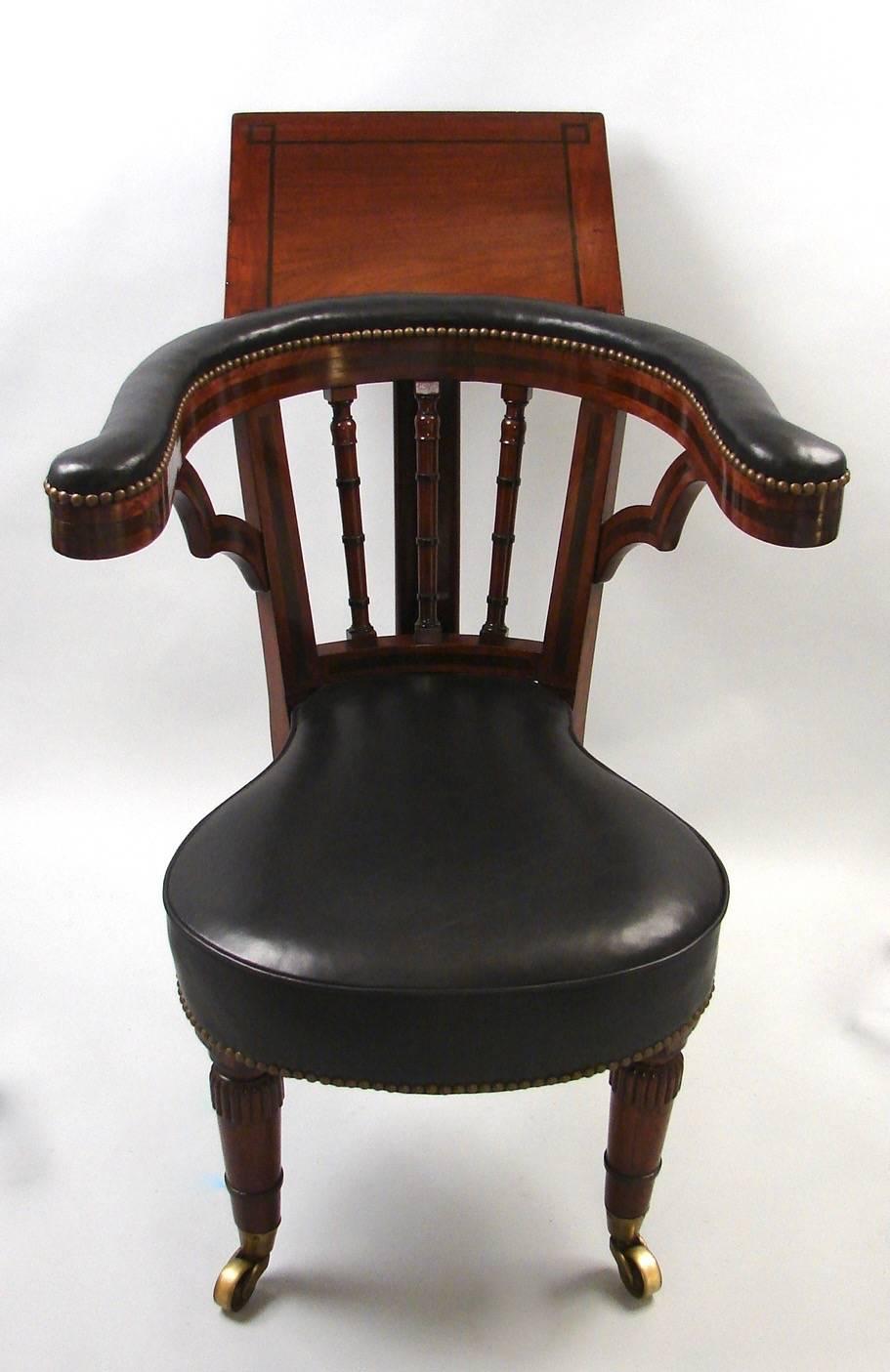 Regency Leather Upholstered Mahogany Reading Library Armchair In Excellent Condition In San Francisco, CA