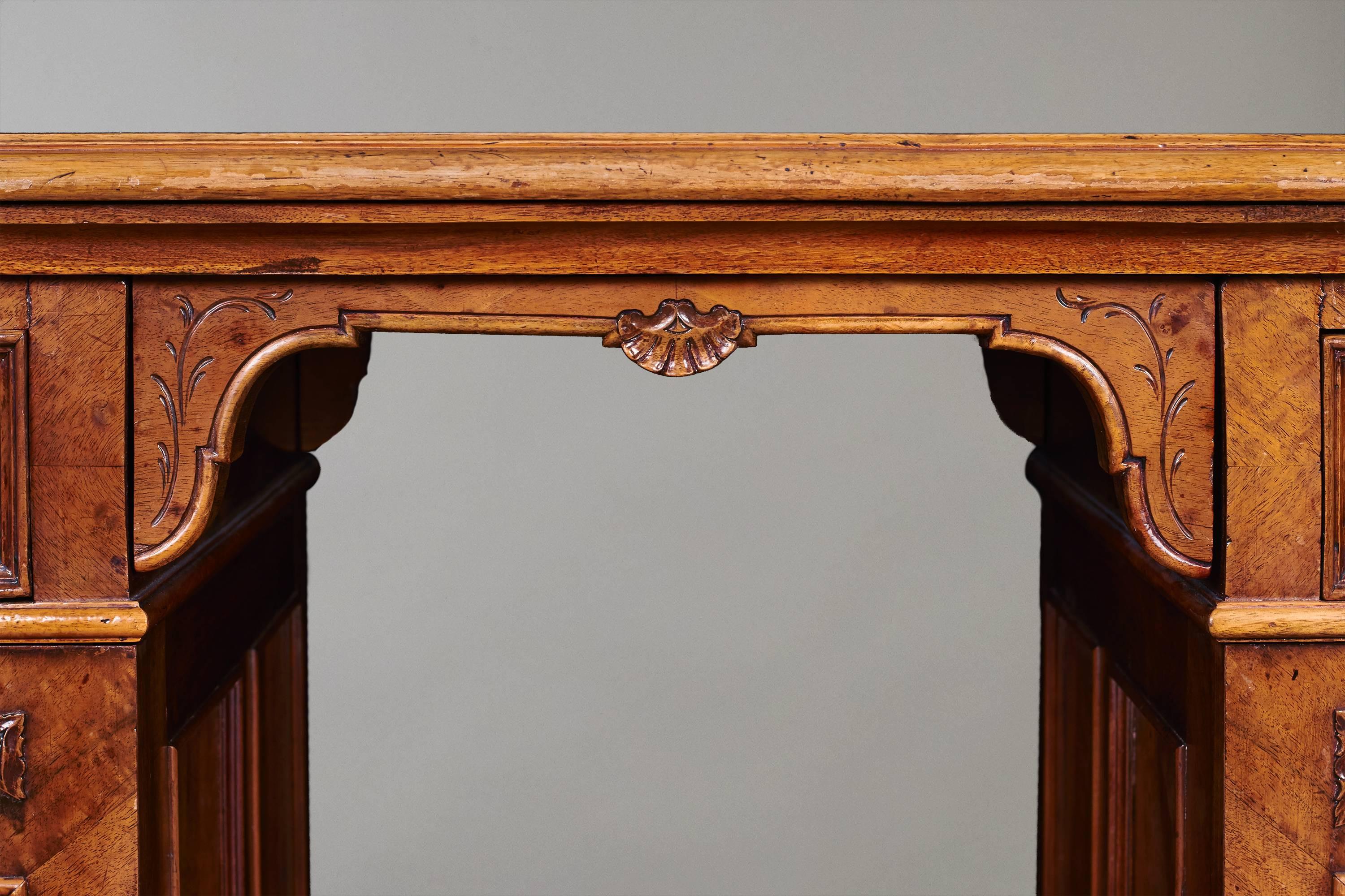 19th Century Unusual Small Walnut Pedestal Desk with Leather Top