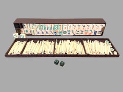 Vintage Chinese Mahjong Set with Bone and Bamboo Tiles Complete with Accessories