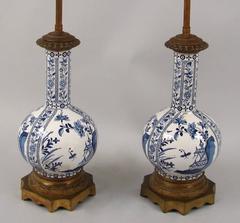 Pair of Delft Bottle Neck Vases Now Lamps