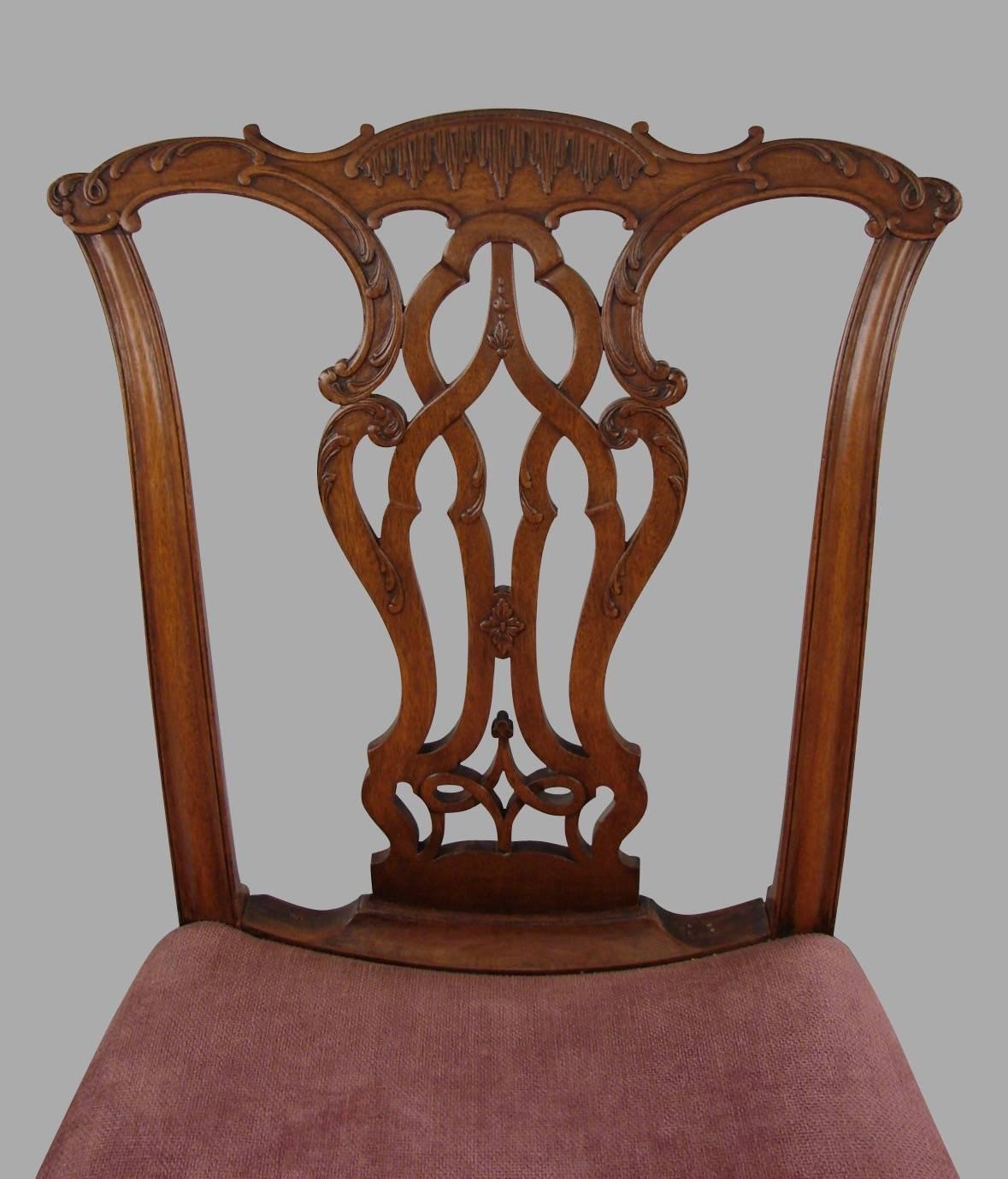 English Fine Pair of Chippendale Mahogany Side Chairs with Saddle Seats