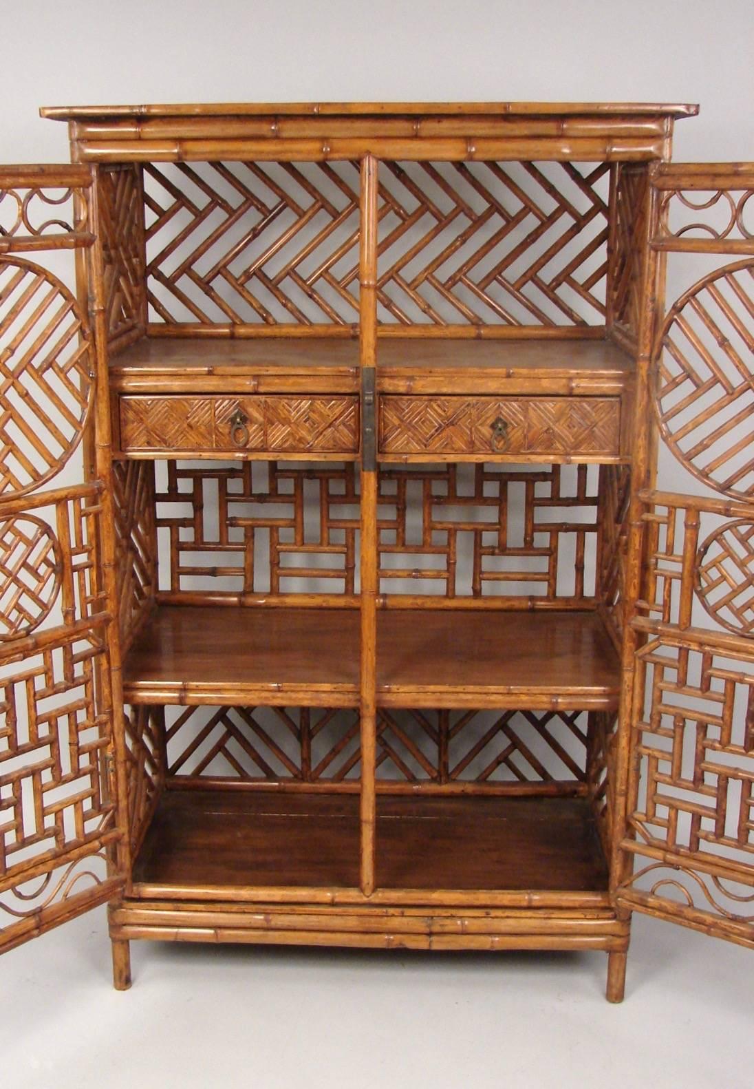 19th Century Chinese Painted Bamboo Cabinet with Interior Drawers and Shelves
