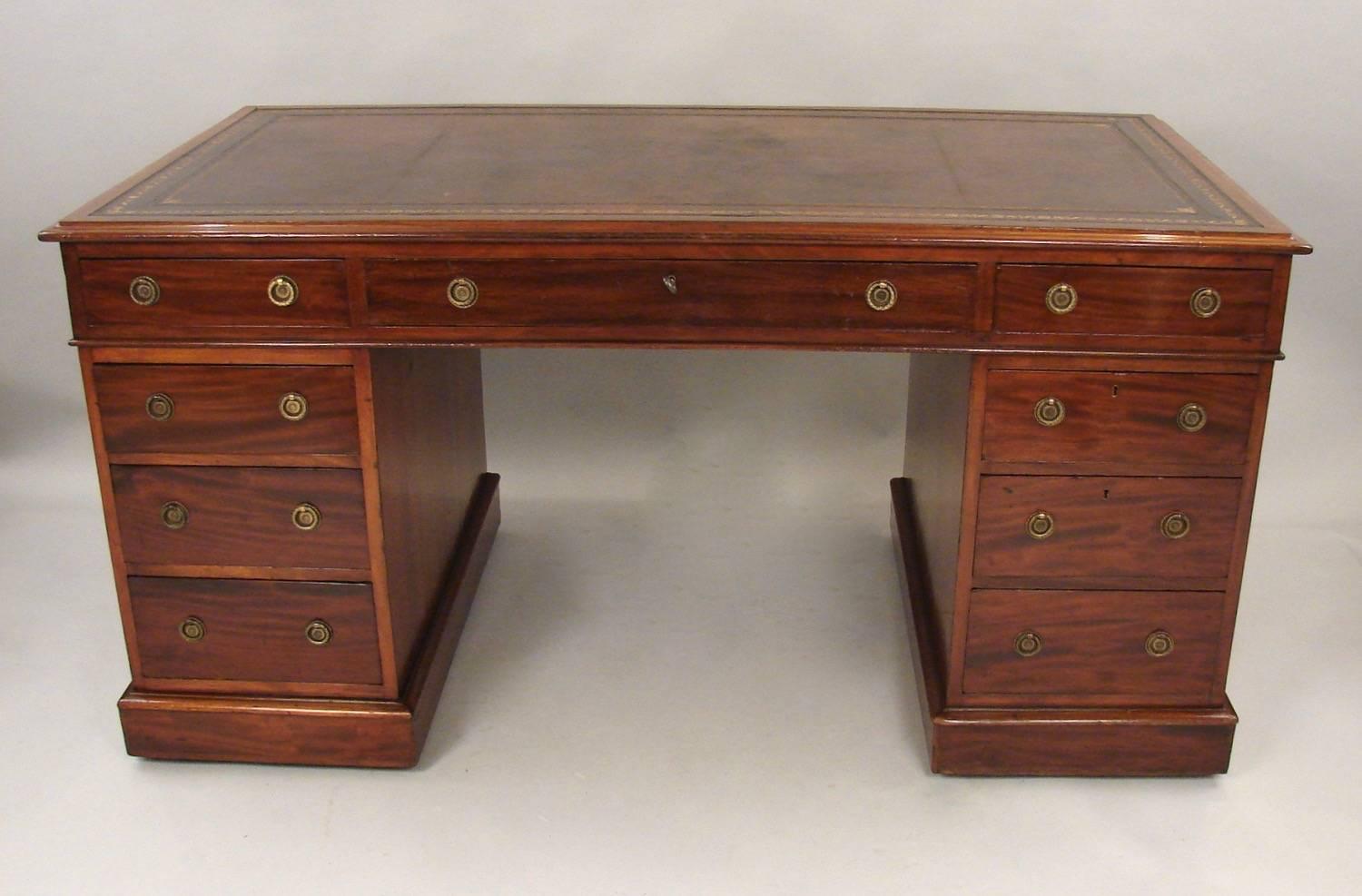 Georgian Style Mahogany Pedestal Desk with Inset Gilt-Tooled Leather Top 3